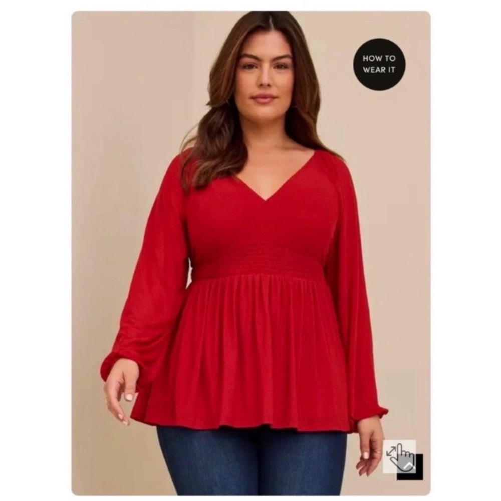 torrid Red V-Neck Babydoll Long-Sleeve Top